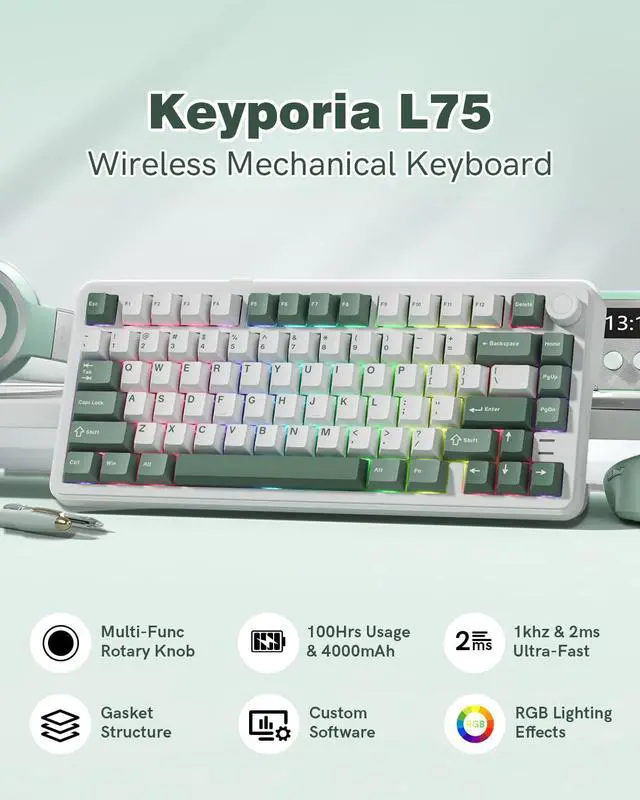 Alt view image 2 of 7 - Womier L75 75% Mechanical Keyboard, Wireless Gaming Keyboard with Multifunction Knob, Creamy Gasket Structure, Hot Swap, RGB Backlight, PBT Keycap, Custom Driver, Compact Layout for Win/Mac/PC