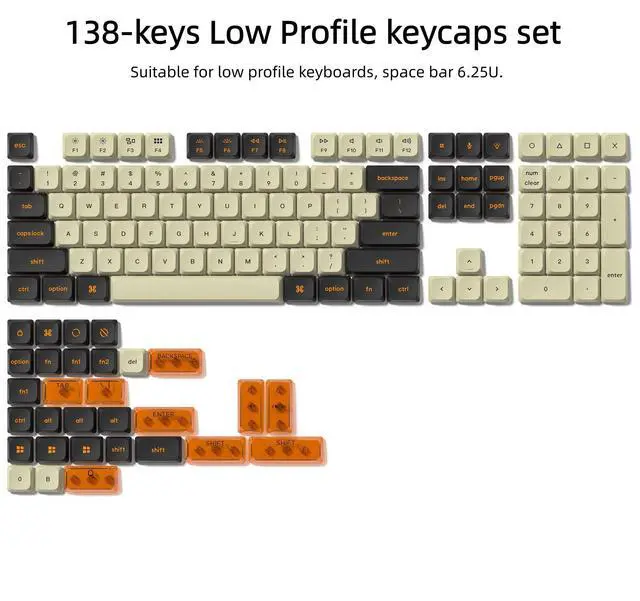 Alt view image 2 of 6 - Womier Low Profile PBT keycaps,Doubleshot keycaps for Mechanical Keyboard,138-keys Black/Beige Keyboard Key caps, for Mechanical Keyboard, Compatible with ANSI/ISO,TKL, Full-Sized Layout