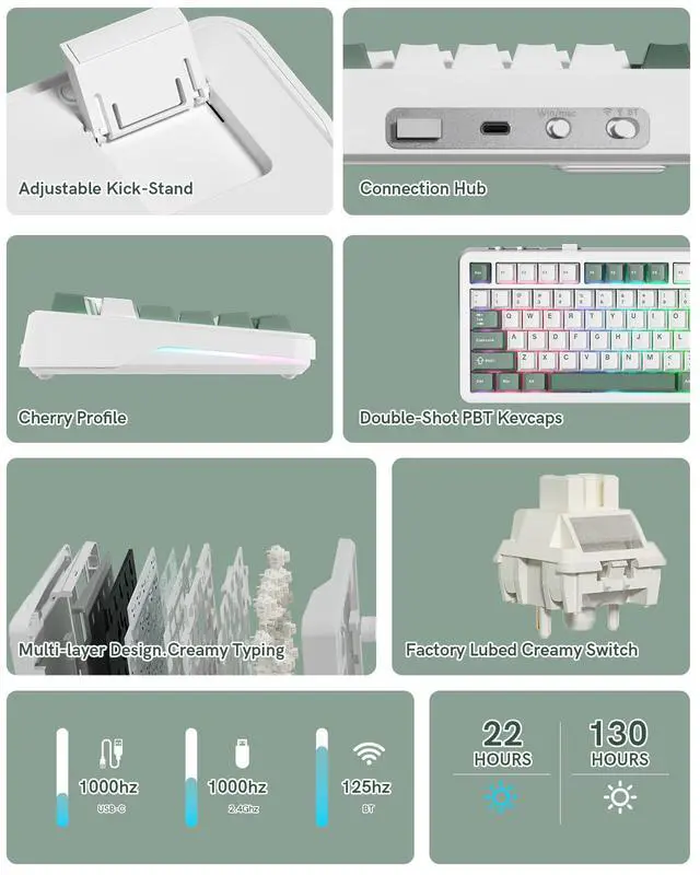 Alt view image 3 of 7 - Womier L75 75% Mechanical Keyboard, Wireless Gaming Keyboard with Multifunction Knob, Creamy Gasket Structure, Hot Swap, RGB Backlight, PBT Keycap, Custom Driver, Compact Layout for Win/Mac/PC