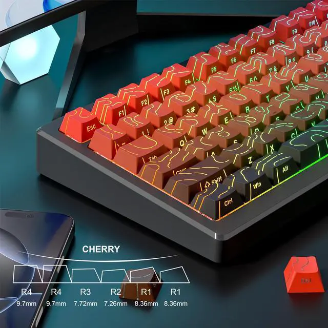 Alt view image 6 of 6 - Womier Double Shot PBT keycaps Set,Red/Black Topographic Keycaps | Shine Through Keyboard caps,Line Backlit,Side Printed,135key cherry Profile keycap for 60% 75% 100% Mechanical Keyboards