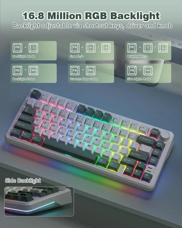 Alt view image 6 of 7 - Womier L75 75% Mechanical Keyboard, Wireless Gaming Keyboard with Multifunction Knob, Creamy Gasket Structure, Hot Swap, RGB Backlight, PBT Keycap, Custom Driver, Compact Layout for Win/Mac/PC