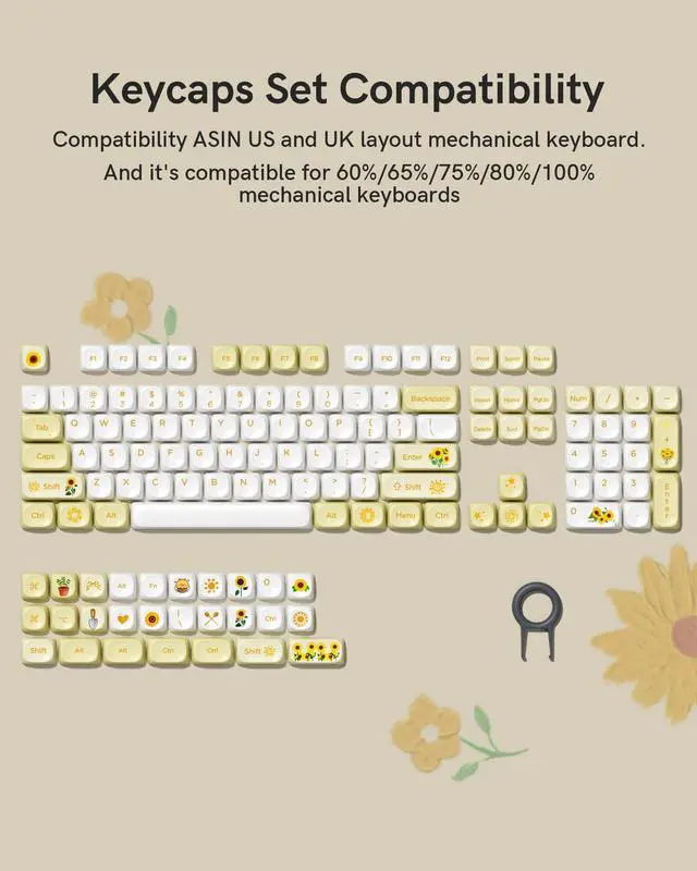 Alt view image 2 of 7 - Womier PBT MOA Profile Keycaps 131 Keys PBT Sunflower Bee Theme, Dye-Sublimation Custom Keycap Set for MX Switch Mechanical Keyboard, Fits 60% 65% 75% 100% Layouts