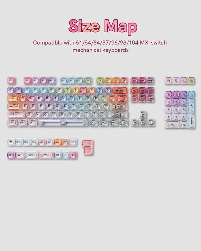 Alt view image 7 of 7 - Womier Rainbow Clear Keycaps, 125 Keys MOA Profile Transparent Keyboard keycaps, Shine Through Jelly Key caps, Compatible with 60%, 65%, 75%, 96%, Full-Sized Layout Mx Switches Mechanical Keyboard