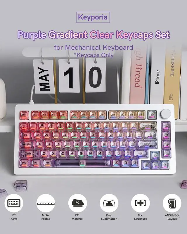 Alt view image 2 of 7 - Womier Purple Gradient Clear Keycaps, 125 Keys MOA Profile Transparent Keyboard keycaps, Shine Through Key caps, Compatible with 60%, 65%, 75%, 96%, Full-Sized Layout Mx Switches Mechanical Keyboard