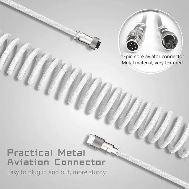 Alt view image 3 of 6 - Womier Coiled Keyboard Cable - Detachable Aviator Coiled Cable White | Coiled Cable for Mechanical Gaming Keyboard, Type C to USB A Mix 5.9in for Gaming Key board and Cellphone, White