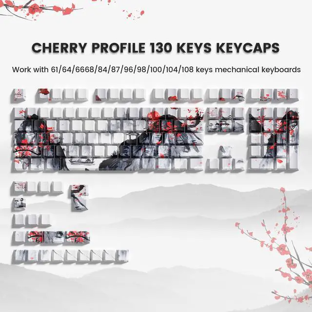 Alt view image 2 of 6 - Womier PBT Keycaps Set 130 Keys, Custom White Japanese Keyboard Doubleshot Dye Sub Side Print Shine Through Keycaps 60 65 75 100 Percent, Cherry Profile (Plum Blossom)