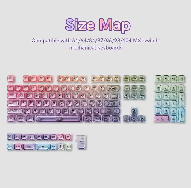 Alt view image 3 of 7 - Womier Purple Gradient Clear Keycaps, 125 Keys MOA Profile Transparent Keyboard keycaps, Shine Through Key caps, Compatible with 60%, 65%, 75%, 96%, Full-Sized Layout Mx Switches Mechanical Keyboard