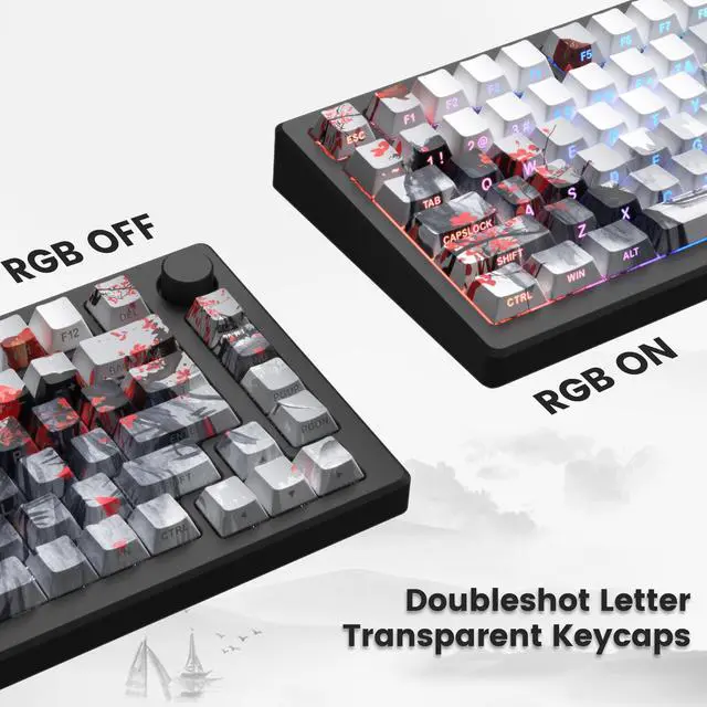 Alt view image 3 of 6 - Womier PBT Keycaps Set 130 Keys, Custom White Japanese Keyboard Doubleshot Dye Sub Side Print Shine Through Keycaps 60 65 75 100 Percent, Cherry Profile (Plum Blossom)