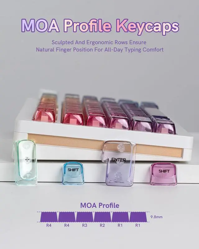 Alt view image 4 of 7 - Womier Purple Gradient Clear Keycaps, 125 Keys MOA Profile Transparent Keyboard keycaps, Shine Through Key caps, Compatible with 60%, 65%, 75%, 96%, Full-Sized Layout Mx Switches Mechanical Keyboard