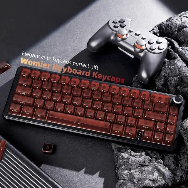 Alt view image 3 of 7 - Womier Jelly Keycaps, Ceramic Keycaps Style Clear PC Custom Keycaps Set | Laser Carving Side Printing 60% 75% 100%, MDA Profile for Mechanical Keyboard Caps, Compatible Full-Sized Layout, Red/Brown