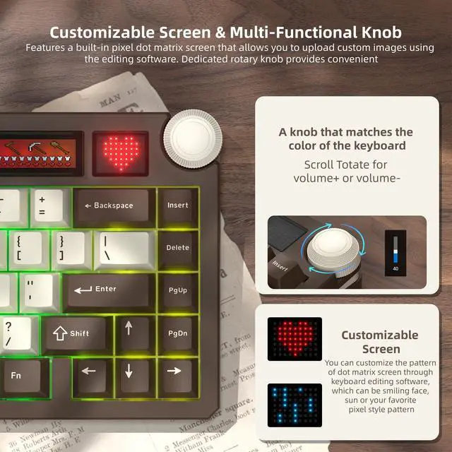 Alt view image 4 of 6 - Womier 75% Wireless Mechanical Keyboard with Screen and Knob Keyboard | Retro Creamy Bluetooth Gaming Keyboard Custom Clear Light Box,RGB/Hot Swap/PBT Keycap,VIA Programmable for Mac/PC,K80 Brown