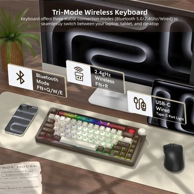 Alt view image 5 of 6 - Womier 75% Wireless Mechanical Keyboard with Screen and Knob Keyboard | Retro Creamy Bluetooth Gaming Keyboard Custom Clear Light Box,RGB/Hot Swap/PBT Keycap,VIA Programmable for Mac/PC,K80 Brown