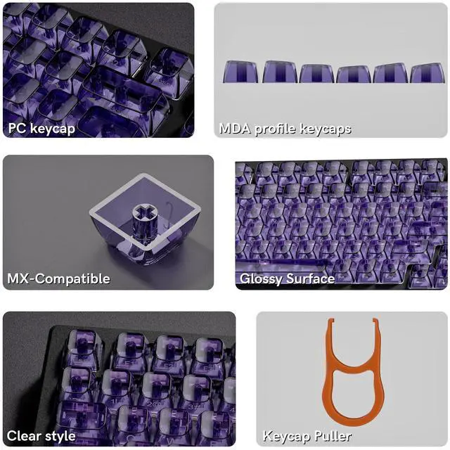 Alt view image 6 of 7 - Womier Purple Clear keycaps,Transparent keycaps 60 75 100 Percent,Crystal keycap,Shine Through Key Cap Ceramic Style,MDA Profile Keyboard Key Cap for Mx Switches Mechanical Keyboard(Side Printed)