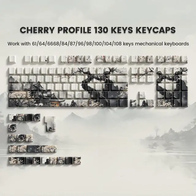 Alt view image 2 of 6 - Womier PBT Keycaps Set 130 Keys, Custom White Japanese Keyboard Doubleshot Dye Sub Side Print Shine Through Keycaps 60 65 75 100 Percent, Cherry Profile (Ink Painting)