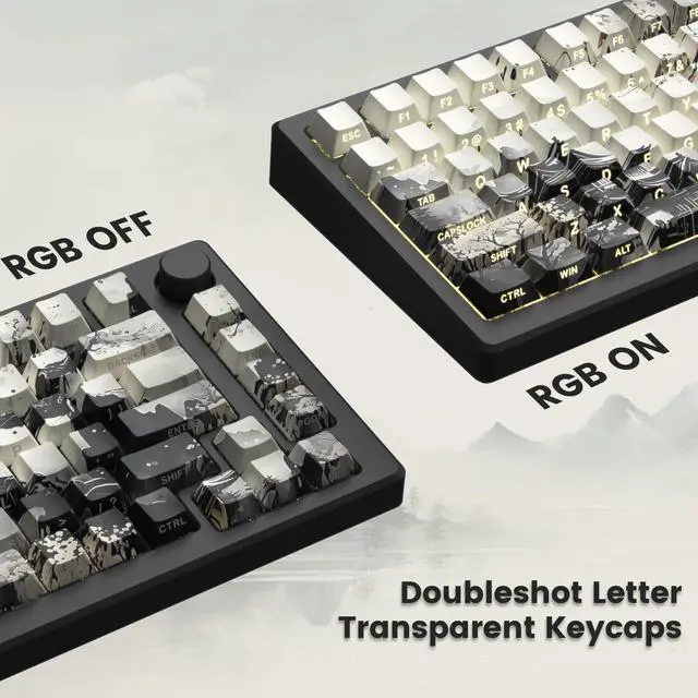 Alt view image 3 of 6 - Womier PBT Keycaps Set 130 Keys, Custom White Japanese Keyboard Doubleshot Dye Sub Side Print Shine Through Keycaps 60 65 75 100 Percent, Cherry Profile (Ink Painting)