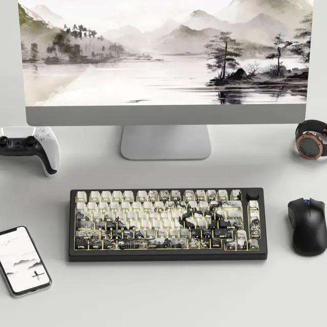 Alt view image 6 of 6 - Womier PBT Keycaps Set 130 Keys, Custom White Japanese Keyboard Doubleshot Dye Sub Side Print Shine Through Keycaps 60 65 75 100 Percent, Cherry Profile (Ink Painting)