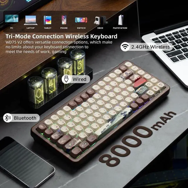 Alt view image 6 of 7 - Womier 75% Wireless Creamy Keyboard with Wood Shell, QMK/VIA WD75 V2 Retro Mechanical Gaming Keyboard 8000mAh Battery, Tri-Mode Custom Key Board RGB Hot Swappable, MOA Japanese Keycap-Linear Switch