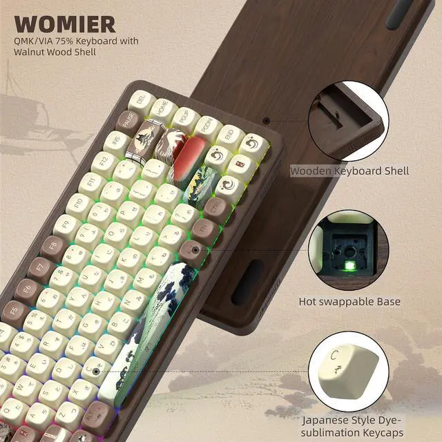 Alt view image 5 of 7 - Womier 75% Wireless Creamy Keyboard with Wood Shell, QMK/VIA WD75 V2 Retro Mechanical Gaming Keyboard 8000mAh Battery, Tri-Mode Custom Key Board RGB Hot Swappable, MOA Japanese Keycap-Linear Switch