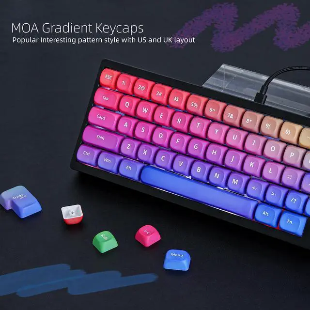 Alt view image 2 of 6 - Womier Rainbow PBT Keycaps, Gradient Custom Cute Keycaps | Keycaps for Mechanical Keyboard Dye-Sublimated, MOA Profile Keycap Set for 60 65 75 100 Percent Keyboards, Purple