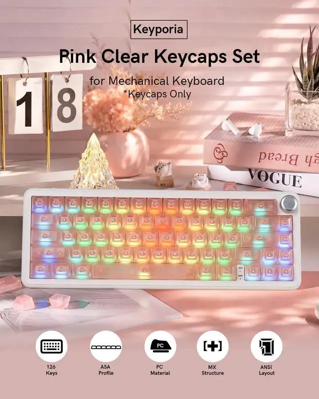 Alt view image 2 of 7 - Womier Pink Clear Keycaps Set, 126 Keys Transparent Shine Through Keycap, ASA Profile Keyboard Key Caps, MX-Compatible for 61/68/84/87/98/100/104-Key Mechanical Keyboard