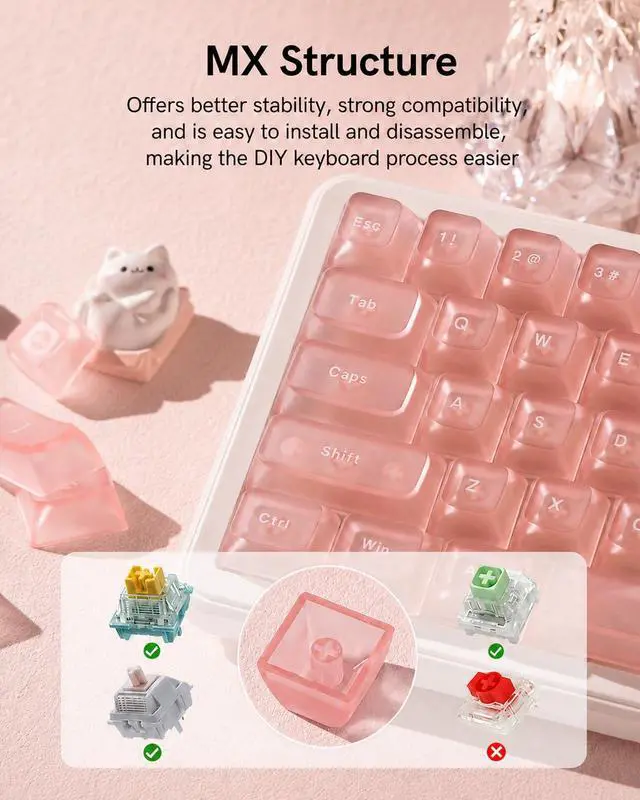 Alt view image 4 of 7 - Womier Pink Clear Keycaps Set, 126 Keys Transparent Shine Through Keycap, ASA Profile Keyboard Key Caps, MX-Compatible for 61/68/84/87/98/100/104-Key Mechanical Keyboard