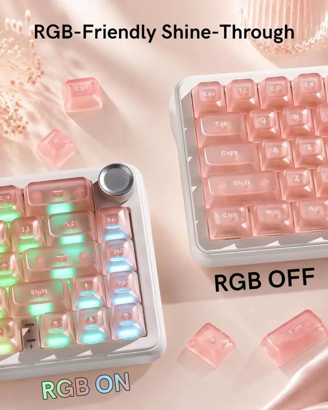 Alt view image 5 of 7 - Womier Pink Clear Keycaps Set, 126 Keys Transparent Shine Through Keycap, ASA Profile Keyboard Key Caps, MX-Compatible for 61/68/84/87/98/100/104-Key Mechanical Keyboard