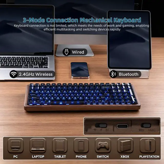 Alt view image 3 of 7 - Womier Wood Creamy Keyboard with Number Pad, Wireless Gaming Keyboard-WD99