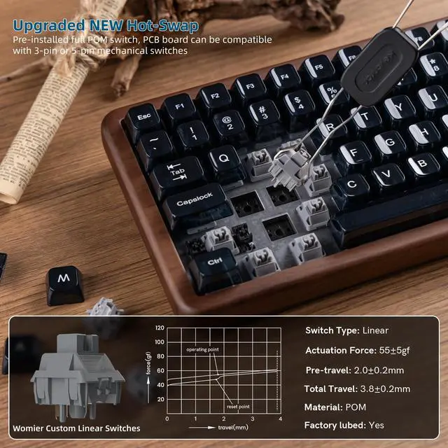Alt view image 7 of 7 - Womier Wood Creamy Keyboard with Number Pad, Wireless Gaming Keyboard-WD99