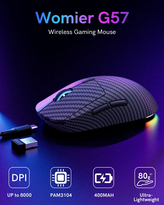 Alt view image 2 of 7 - G57 Wireless Gaming Mouse, 8000 DPI, Carbon Fiber Pattern