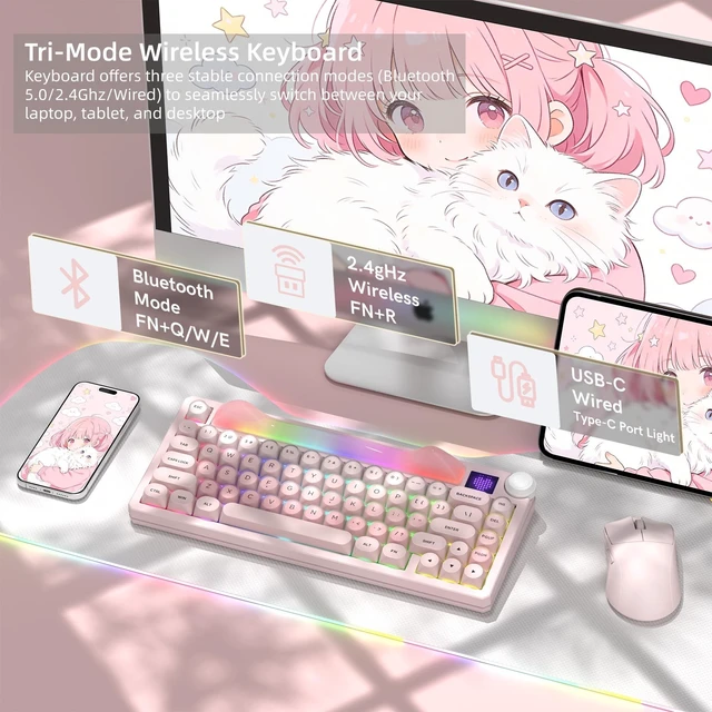 Alt view image 2 of 6 - Womier 75% Wireless Mechanical Keyboard with Screen, Cat Pink Keyboard-K80