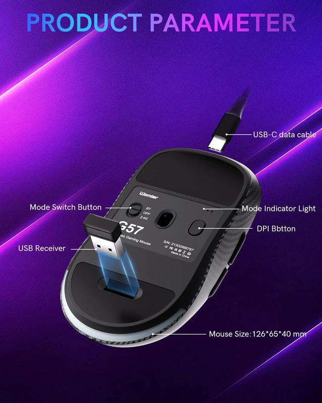 Alt view image 4 of 7 - G57 Wireless Gaming Mouse, 8000 DPI, Carbon Fiber Pattern