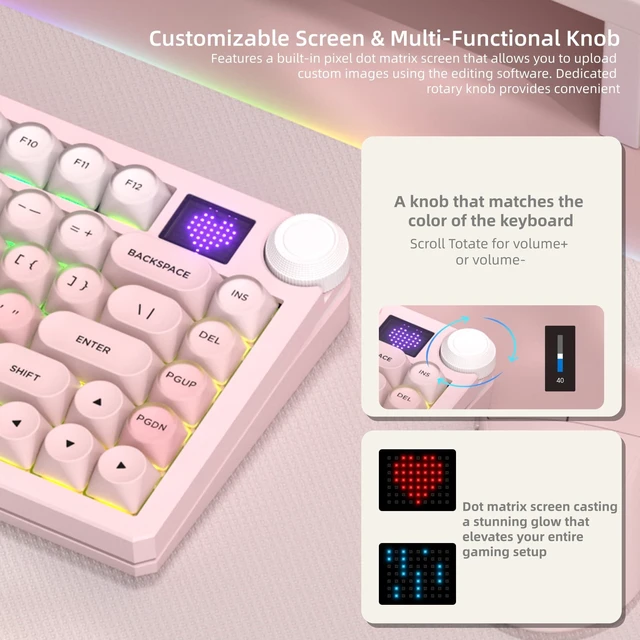 Alt view image 3 of 6 - Womier 75% Wireless Mechanical Keyboard with Screen, Cat Pink Keyboard-K80