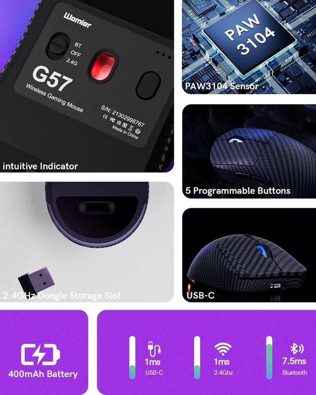 Alt view image 6 of 7 - G57 Wireless Gaming Mouse, 8000 DPI, Carbon Fiber Pattern