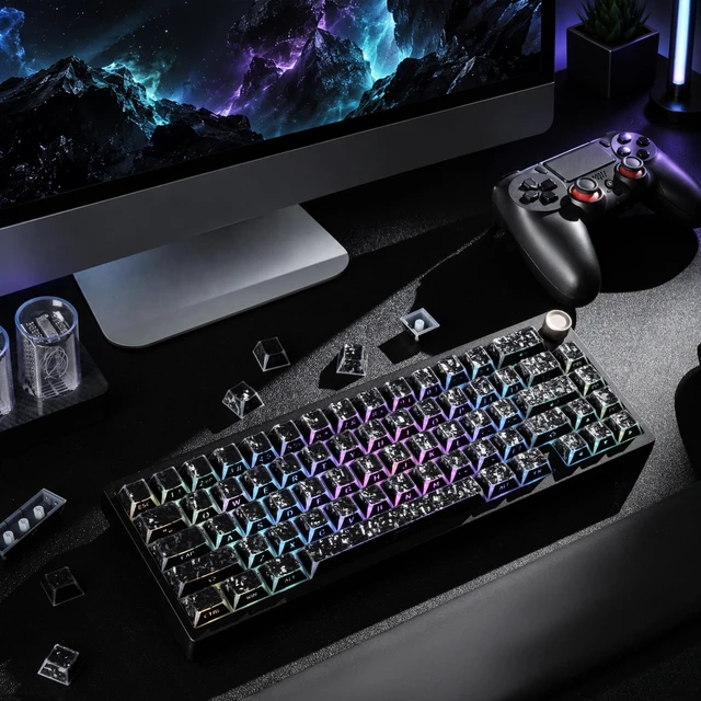 Alt view image 6 of 6 - Womier Double Shot PBT Keycaps, Shine Through Black Forged Carbon Pattern