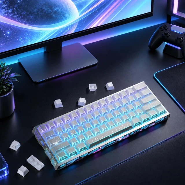 Alt view image 7 of 7 - Womier Double Shot PBT Keycaps, Shine Through White Forged Carbon Pattern