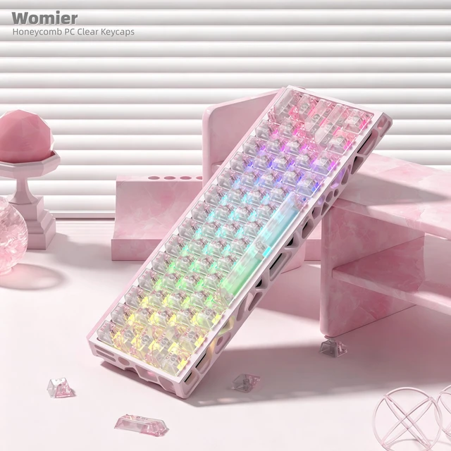 Alt view image 2 of 7 - Womier Honeycomb Clear Keycaps, Pink Shine Through Keycaps, Jelly Keycap