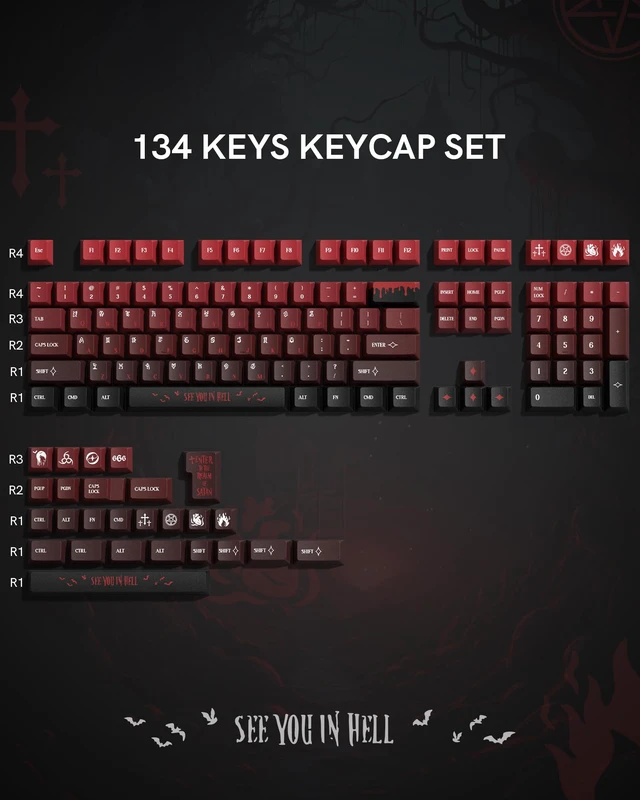 Alt view image 2 of 7 - Womier PBT Keycaps with 134 Keys, Cool Custom Keyboard Caps 60 75 65 100 Percent, Cherry Profile Dye Sublimation PBT Keycap Set for Full Size Mechanical Gaming Keyboard, Black Red Blood Theme