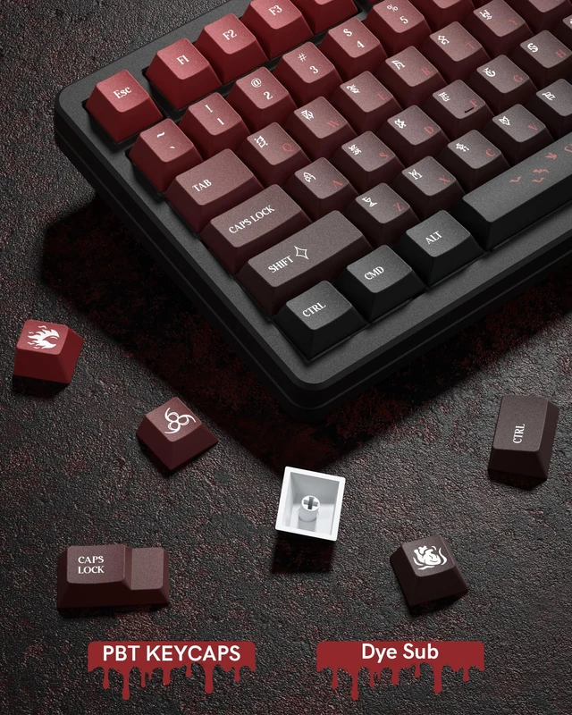 Alt view image 3 of 7 - Womier PBT Keycaps with 134 Keys, Cool Custom Keyboard Caps 60 75 65 100 Percent, Cherry Profile Dye Sublimation PBT Keycap Set for Full Size Mechanical Gaming Keyboard, Black Red Blood Theme