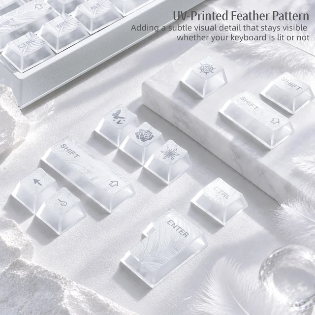 Alt view image 7 of 7 - Womier Feather Clear Keycaps, Shine Through Keycaps, White Jelly Key caps