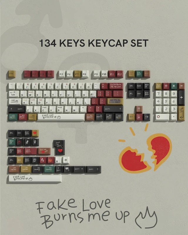 Alt view image 2 of 7 - Womier PBT Keycaps with 134 Keys, Retro Custom Keyboard Caps 60 75 65 100 Percent, Cherry Profile Dye Sublimation PBT Keycap Set for Full Size Mechanical Gaming Keyboard, Love Story Theme