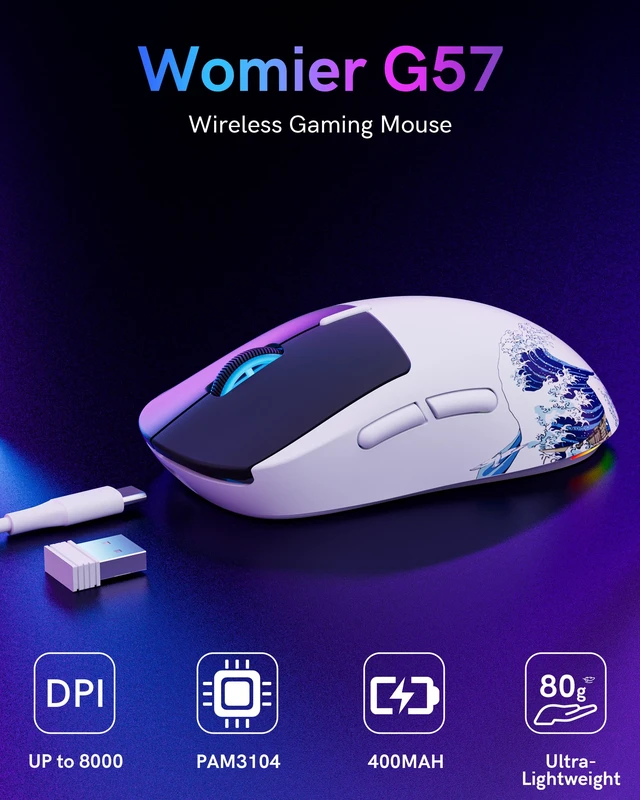 Alt view image 2 of 7 - Womier G57 Wireless Gaming Mouse 80g tri-Mode 2.4G BT USB-C