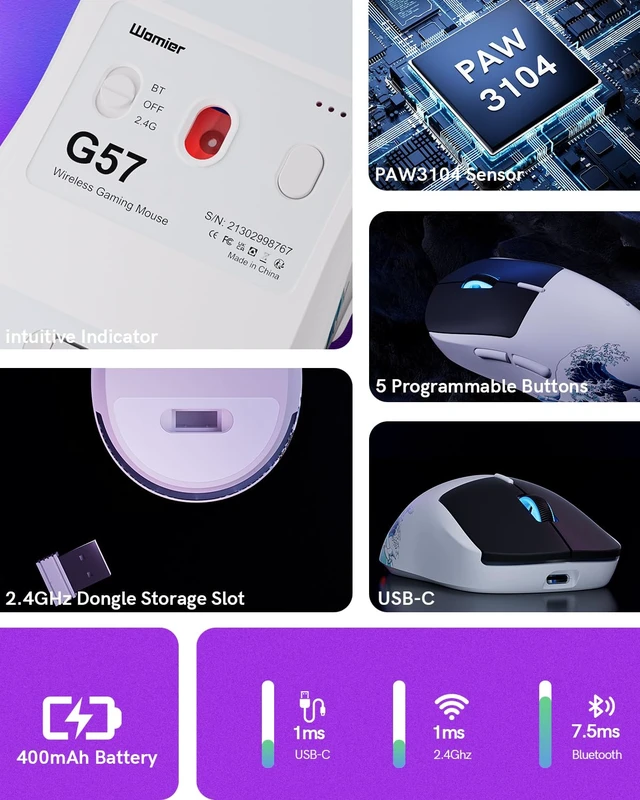Alt view image 3 of 7 - Womier G57 Wireless Gaming Mouse 80g tri-Mode 2.4G BT USB-C