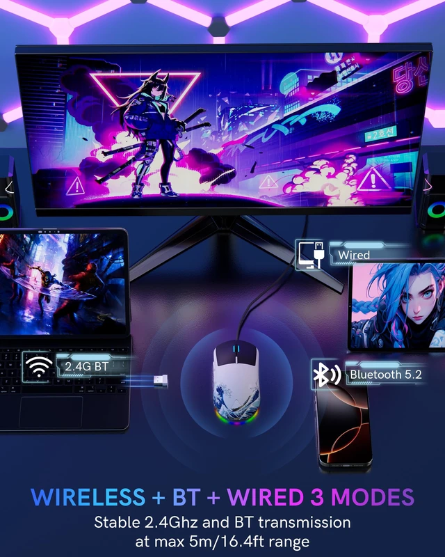Alt view image 5 of 7 - Womier G57 Wireless Gaming Mouse 80g tri-Mode 2.4G BT USB-C