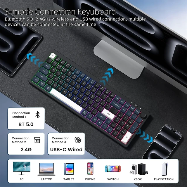 Alt view image 4 of 7 - Womier DK100 Wireless Keyboard Computer, LED Low Profile Creamy Keyboard