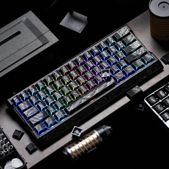 Alt view image 7 of 7 - Womier Double Shot Keycaps Shine Through Side Print, Black Feather Texture