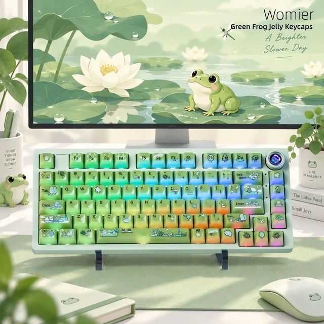 Alt view image 6 of 7 - Womier Jelly Green Frog Cute Keycaps, Matcha Shine Through Keycaps Set