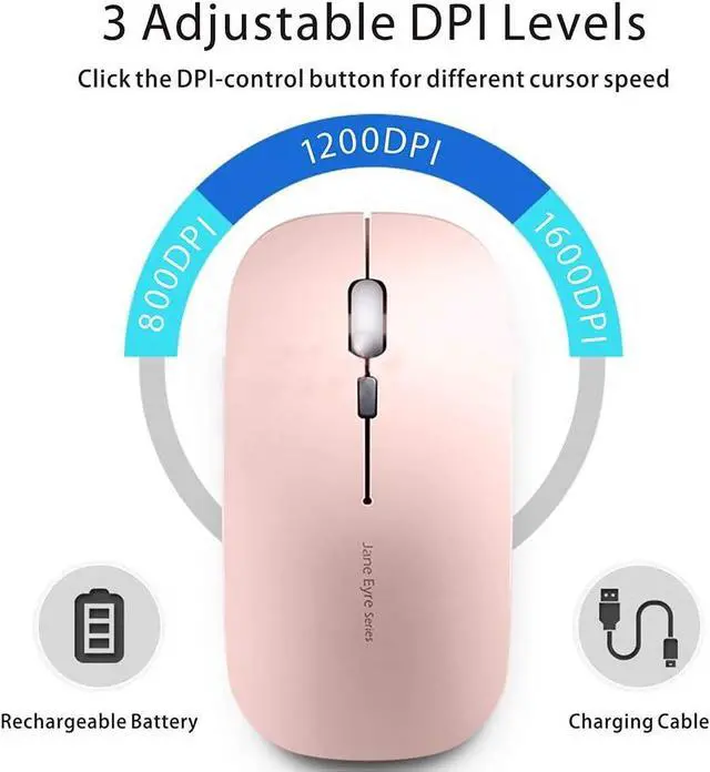 Alt view image 2 of 7 - KEXIKELE Slim Rechargeable Wireless Mouse, 2.4G Portable Optical Silent Ultra Thin Wireless Computer Mouse with USB Receiver and Type C Adapter, Compatible with PC, Laptop, Desktop (Rose Gold)