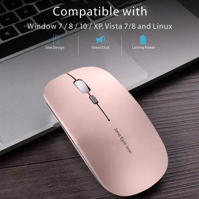 Alt view image 4 of 7 - KEXIKELE Slim Rechargeable Wireless Mouse, 2.4G Portable Optical Silent Ultra Thin Wireless Computer Mouse with USB Receiver and Type C Adapter, Compatible with PC, Laptop, Desktop (Rose Gold)