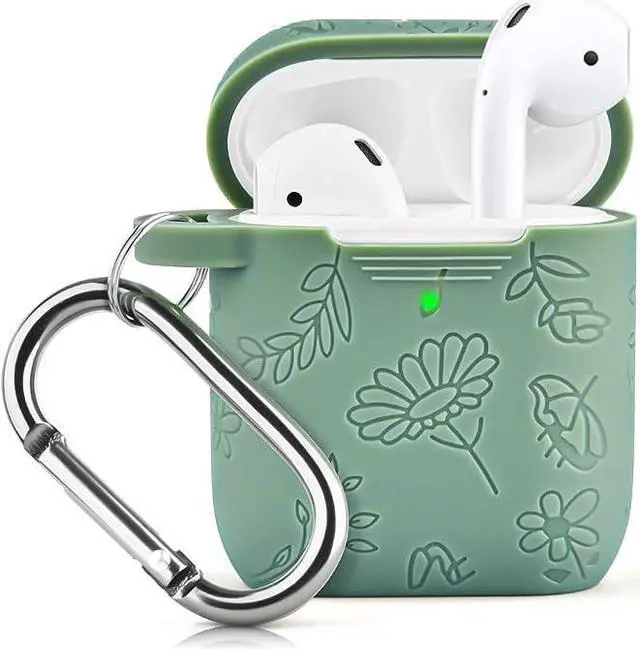 Alt view image 7 of 7 - Airpods Case, Silicone Flower Engraved Protective Case Cover Apple Airpod 2/1 Skin Cover with Keychain for Women Girls, Cactus Green Flower