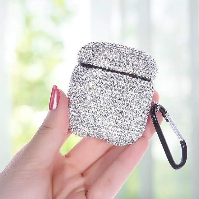 Alt view image 4 of 5 - Sparkly Diamond Case for AirPods with Keychain, Shockproof Protective Premium Bling Rhinestone Cover Skin Compatible with AirPods Charging Case 2 & 1(White+AB C5)